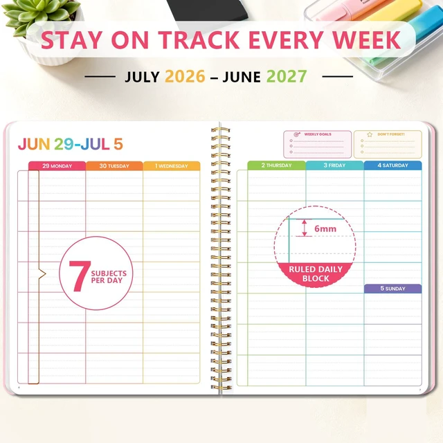 Alt view image 4 of 7 - Large Cute School Planner 2026-2027, Pink Spiral Student Organizer, Jul. 2026 - Jun. 2027, 8.3" x 10.9", Colorful Calendar Pages with Plastic Cover