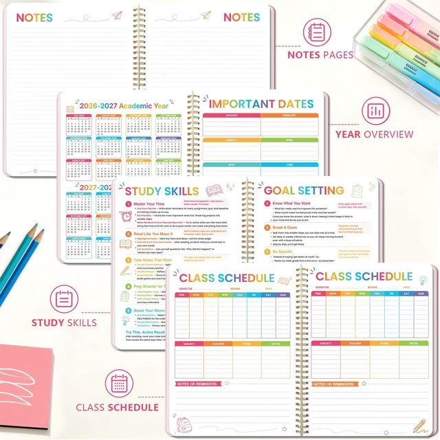 Alt view image 7 of 7 - Large Cute School Planner 2026-2027, Pink Spiral Student Organizer, Jul. 2026 - Jun. 2027, 8.3" x 10.9", Colorful Calendar Pages with Plastic Cover