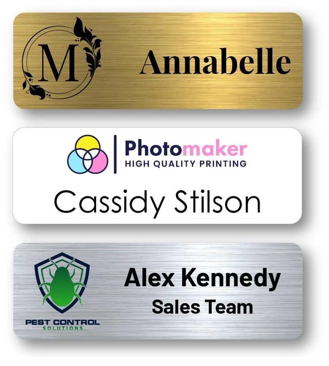 Main image of Custom Metal Name Tags with Full Color Logo Printing (White, 1.5 x 3") Scratch Resistant Printed Finish, Personalized Employee Badge for Hotels, Salons, Clinics and Retail Teams