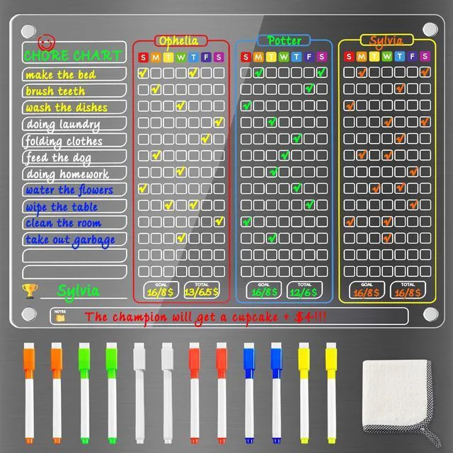 Main image of Acrylic Magnetic Chore Chart for Multiple Kids, Large 16x12 in Clear Dry Erase Fridge Chore Board for Family, Adult, Teens; Vibrant Layout; Embedded Magnets; 12 Wet-Erase Markers and Towel