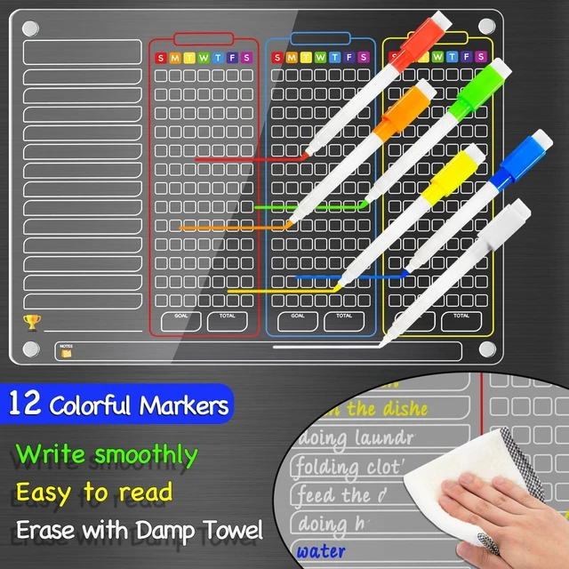 Alt view image 2 of 6 - Acrylic Magnetic Chore Chart for Multiple Kids, Large 16x12 in Clear Dry Erase Fridge Chore Board for Family, Adult, Teens; Vibrant Layout; Embedded Magnets; 12 Wet-Erase Markers and Towel