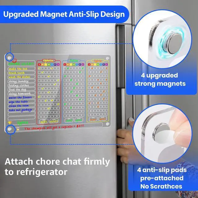 Alt view image 4 of 6 - Acrylic Magnetic Chore Chart for Multiple Kids, Large 16x12 in Clear Dry Erase Fridge Chore Board for Family, Adult, Teens; Vibrant Layout; Embedded Magnets; 12 Wet-Erase Markers and Towel