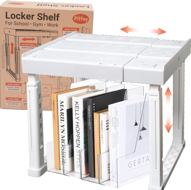 Main image of Locker Organizer Shelf Adjustable Width and Height, Stackable, Ideal Locker Shelf for School, Office, Gym Lockers, or Even Kitchen Cabinets & Under Sink Organization (White 1 Pack)