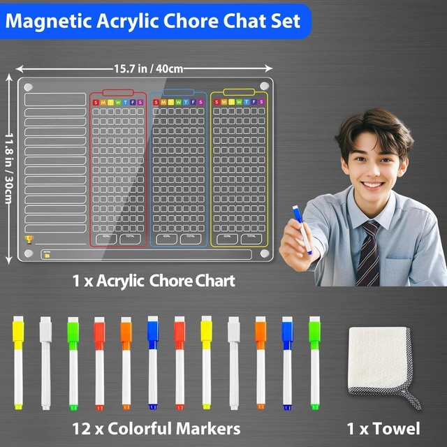 Alt view image 6 of 6 - Acrylic Magnetic Chore Chart for Multiple Kids, Large 16x12 in Clear Dry Erase Fridge Chore Board for Family, Adult, Teens; Vibrant Layout; Embedded Magnets; 12 Wet-Erase Markers and Towel