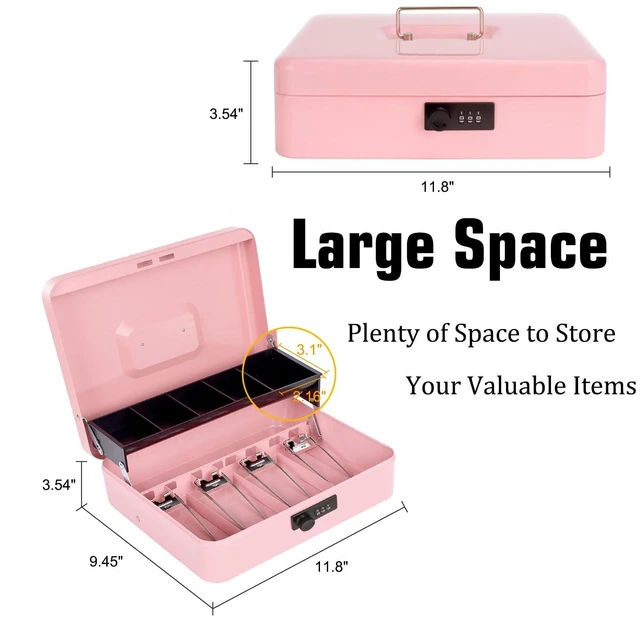 Alt view image 3 of 7 - Cash Box with Money Tray and Combination Lock, Large Money Box for Cash Regiser, Safe Lock Box for Money Saving Metal 11.8"x9.45"x3.54" Pink XL Large