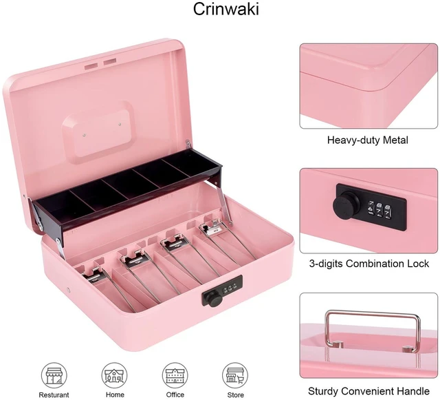 Alt view image 4 of 7 - Cash Box with Money Tray and Combination Lock, Large Money Box for Cash Regiser, Safe Lock Box for Money Saving Metal 11.8"x9.45"x3.54" Pink XL Large