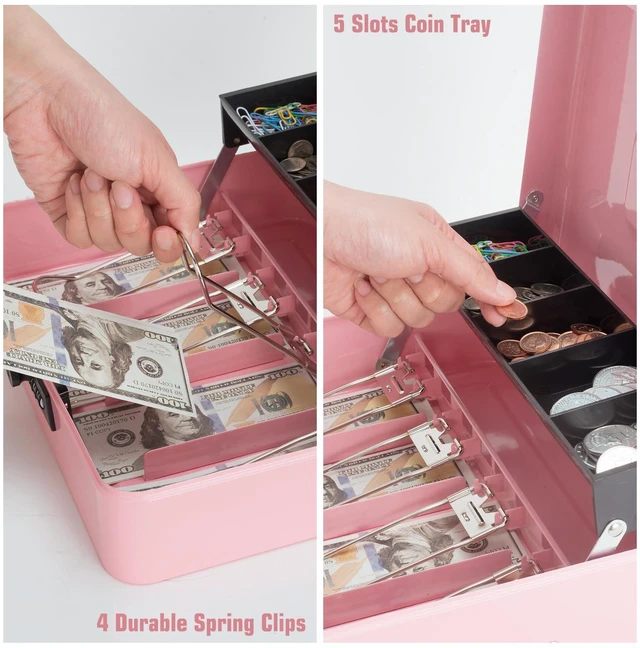 Alt view image 5 of 7 - Cash Box with Money Tray and Combination Lock, Large Money Box for Cash Regiser, Safe Lock Box for Money Saving Metal 11.8"x9.45"x3.54" Pink XL Large