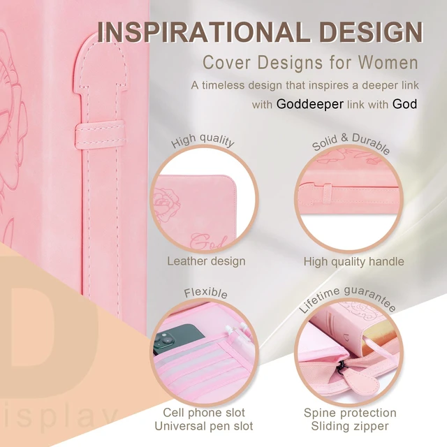 Alt view image 2 of 7 - Bible Cover for Women, Bible Holder, Bible Cover Carrier Carrying Organizer Bag, Zipper and Pockets for Standard Size Bible, Gift for Women(Leather-Pink)