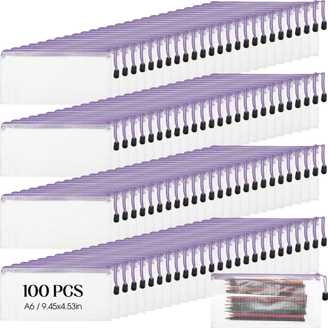 Main image of 100Pcs Mesh Pencil Pouch,White Pouch Purple Zipper,A6 Small Zipper Pencil Pouches Bulk, Waterproof Clear Storage Bag, Multipurpose for Cash Board Game Passport Office