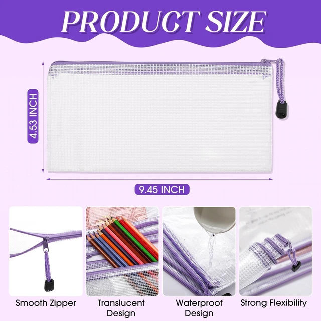 Alt view image 2 of 7 - 100Pcs Mesh Pencil Pouch,White Pouch Purple Zipper,A6 Small Zipper Pencil Pouches Bulk, Waterproof Clear Storage Bag, Multipurpose for Cash Board Game Passport Office