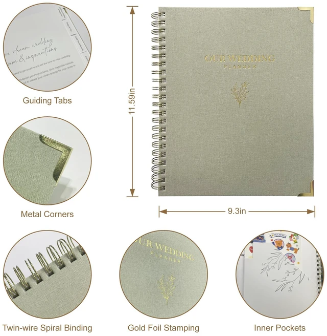Alt view image 2 of 7 - Wedding Planner Book and Organizer for Bride - Elegant Linen Cover Wedding Planning Binder with Checklists,Pockets & Calendars,Perfect Engagement Gifts for Couples(Sage)