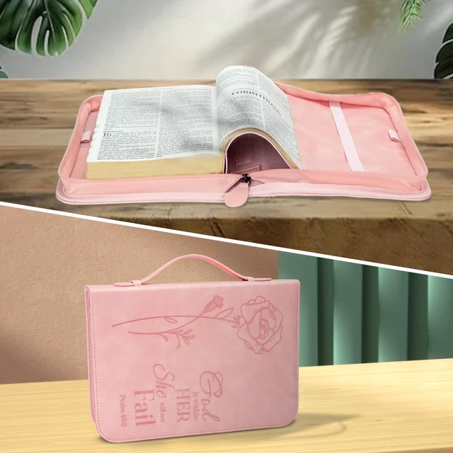 Alt view image 6 of 7 - Bible Cover for Women, Bible Holder, Bible Cover Carrier Carrying Organizer Bag, Zipper and Pockets for Standard Size Bible, Gift for Women(Leather-Pink)