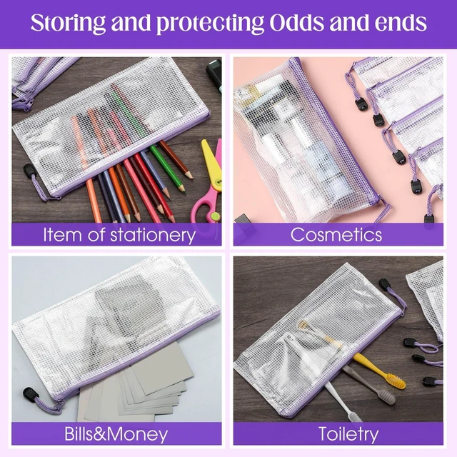Alt view image 4 of 7 - 100Pcs Mesh Pencil Pouch,White Pouch Purple Zipper,A6 Small Zipper Pencil Pouches Bulk, Waterproof Clear Storage Bag, Multipurpose for Cash Board Game Passport Office