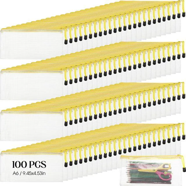 Main image of 100Pcs Mesh Pencil Pouch,White Pouch Yellow Zipper,A6 Small Zipper Pencil Pouches Bulk, Waterproof Clear Storage Bag, Multipurpose for Cash Board Game Passport Office