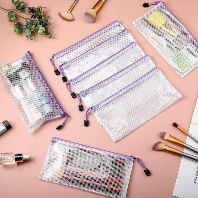 Alt view image 7 of 7 - 100Pcs Mesh Pencil Pouch,White Pouch Purple Zipper,A6 Small Zipper Pencil Pouches Bulk, Waterproof Clear Storage Bag, Multipurpose for Cash Board Game Passport Office