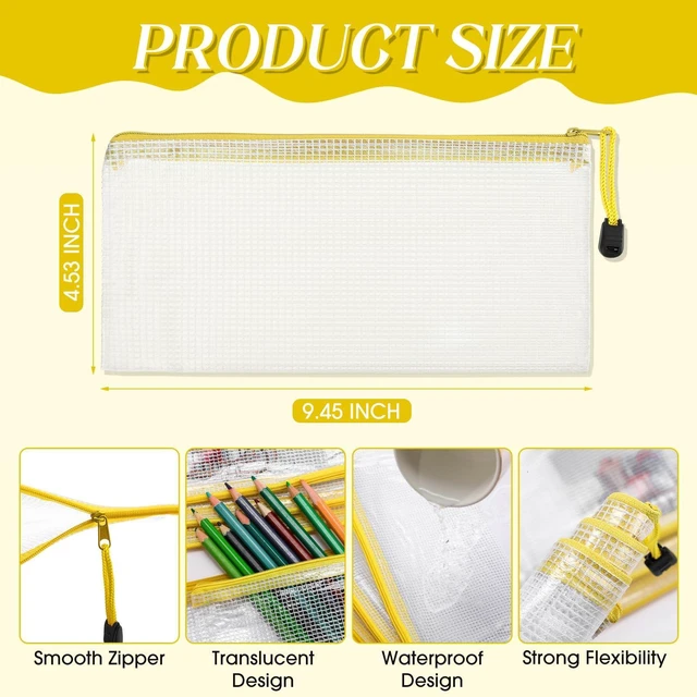 Alt view image 2 of 7 - 100Pcs Mesh Pencil Pouch,White Pouch Yellow Zipper,A6 Small Zipper Pencil Pouches Bulk, Waterproof Clear Storage Bag, Multipurpose for Cash Board Game Passport Office