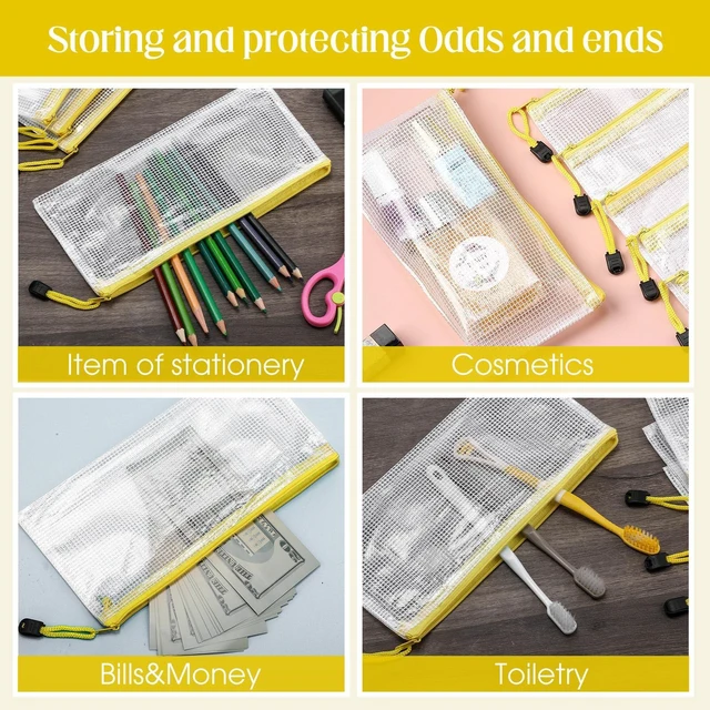 Alt view image 4 of 7 - 100Pcs Mesh Pencil Pouch,White Pouch Yellow Zipper,A6 Small Zipper Pencil Pouches Bulk, Waterproof Clear Storage Bag, Multipurpose for Cash Board Game Passport Office