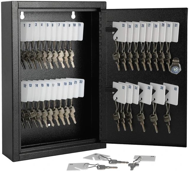 Main image of Key Storage Lock Box Wall Mount, Locking 40 Key Cabinet Holder Box with Key Lock, Hooks & Labels for Home, Office, Commercial Management, 2.5" D x 8.1" W x 12.1" H, Black