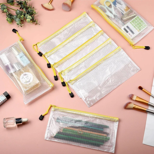 Alt view image 7 of 7 - 100Pcs Mesh Pencil Pouch,White Pouch Yellow Zipper,A6 Small Zipper Pencil Pouches Bulk, Waterproof Clear Storage Bag, Multipurpose for Cash Board Game Passport Office