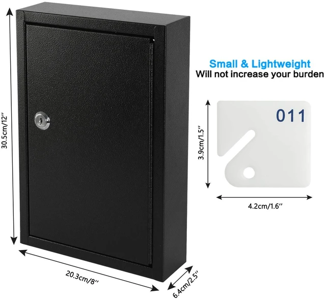 Alt view image 3 of 7 - Key Storage Lock Box Wall Mount, Locking 40 Key Cabinet Holder Box with Key Lock, Hooks & Labels for Home, Office, Commercial Management, 2.5" D x 8.1" W x 12.1" H, Black