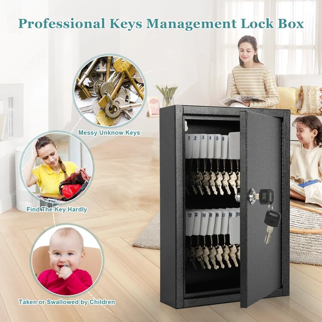 Alt view image 4 of 7 - Key Storage Lock Box Wall Mount, Locking 40 Key Cabinet Holder Box with Key Lock, Hooks & Labels for Home, Office, Commercial Management, 2.5" D x 8.1" W x 12.1" H, Black