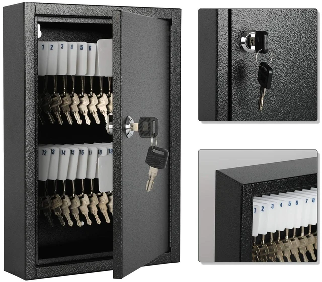 Alt view image 5 of 7 - Key Storage Lock Box Wall Mount, Locking 40 Key Cabinet Holder Box with Key Lock, Hooks & Labels for Home, Office, Commercial Management, 2.5" D x 8.1" W x 12.1" H, Black