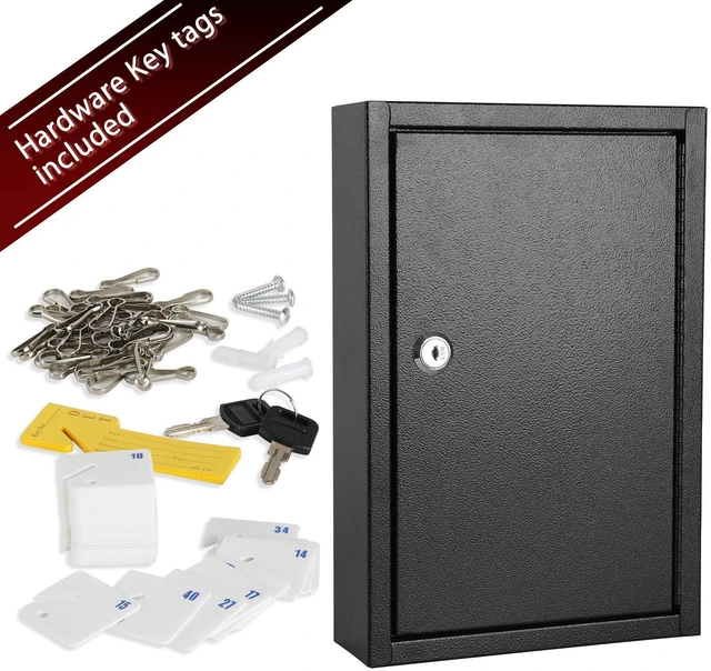 Alt view image 7 of 7 - Key Storage Lock Box Wall Mount, Locking 40 Key Cabinet Holder Box with Key Lock, Hooks & Labels for Home, Office, Commercial Management, 2.5" D x 8.1" W x 12.1" H, Black