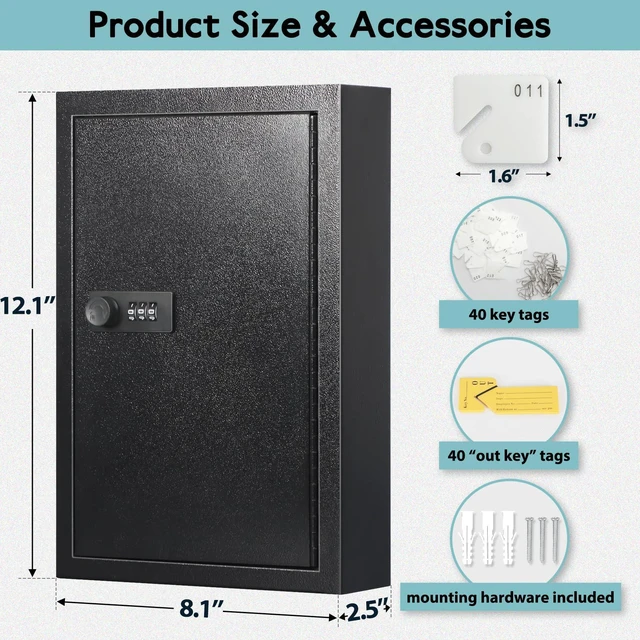 Alt view image 2 of 7 - Locking Key Cabinet, 40 Key Storage Lock Box with Code, Key Box Wall Mount with Combination Lock, Key Hooks & Tags Labels for Home, Office, Business, 2.5" D x 8" W x 12" H (Black,40 Key)