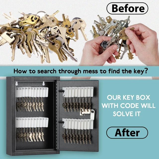 Alt view image 3 of 7 - Locking Key Cabinet, 40 Key Storage Lock Box with Code, Key Box Wall Mount with Combination Lock, Key Hooks & Tags Labels for Home, Office, Business, 2.5" D x 8" W x 12" H (Black,40 Key)