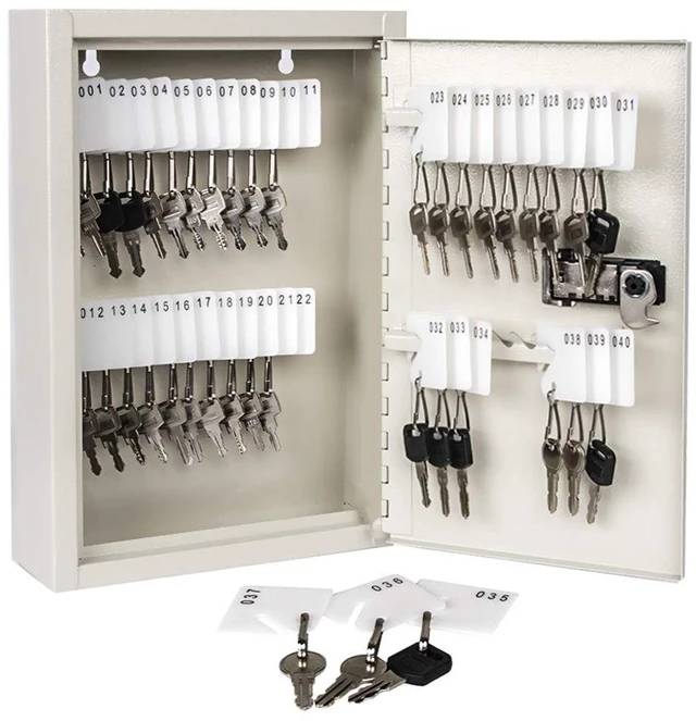 Main image of Key Storage Lock Box with Code, Locking Key Cabinet, 40 Key Holder Wall Mount with Combination Lock, Hooks & Tags Labels for Home, Office, Business, 2.5" D x 8.1" W x 12.1" H, White