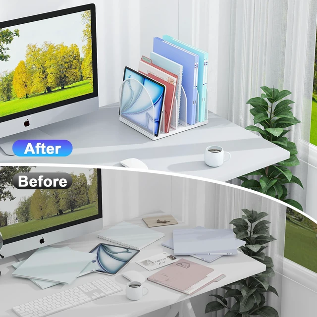 Alt view image 2 of 7 - Desktop File Organizer with 5 Compartments Desk Organizer Paper Organizer for Desk Workspace Organizers for Office Supplies (White)