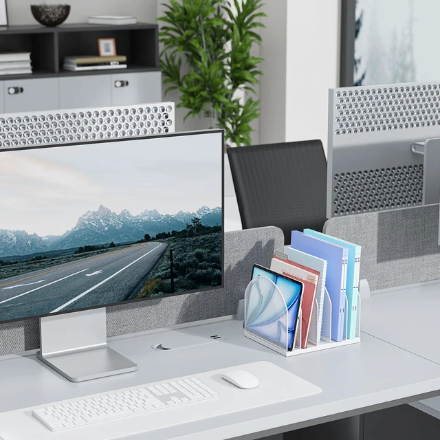Alt view image 7 of 7 - Desktop File Organizer with 5 Compartments Desk Organizer Paper Organizer for Desk Workspace Organizers for Office Supplies (White)
