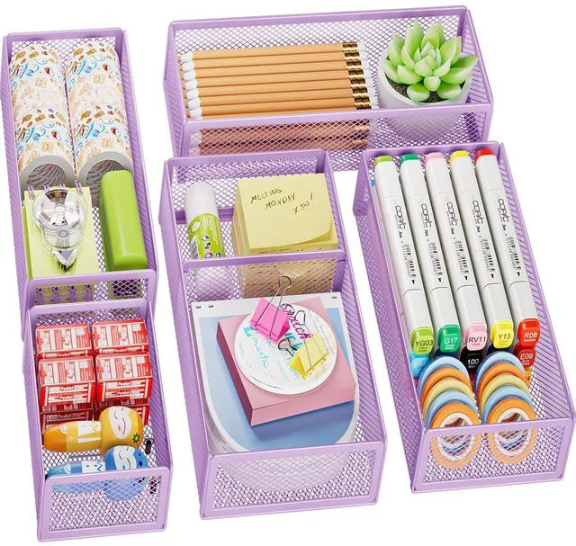 Main image of 5 Pack Desk Drawer Organizer Set, Mesh Drawer Storage Trays with 1 Adjustable Divider, Desk Organizers and Accessories, 5 PCS Drawer for Office Supplies, Makeup & Vanity (Purple)