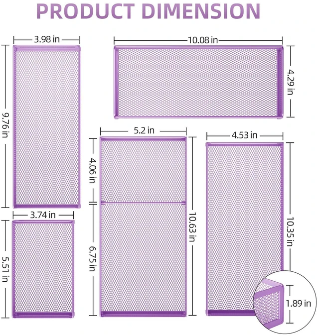 Alt view image 2 of 7 - 5 Pack Desk Drawer Organizer Set, Mesh Drawer Storage Trays with 1 Adjustable Divider, Desk Organizers and Accessories, 5 PCS Drawer for Office Supplies, Makeup & Vanity (Purple)