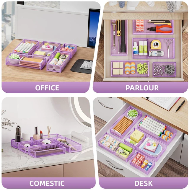 Alt view image 3 of 7 - 5 Pack Desk Drawer Organizer Set, Mesh Drawer Storage Trays with 1 Adjustable Divider, Desk Organizers and Accessories, 5 PCS Drawer for Office Supplies, Makeup & Vanity (Purple)