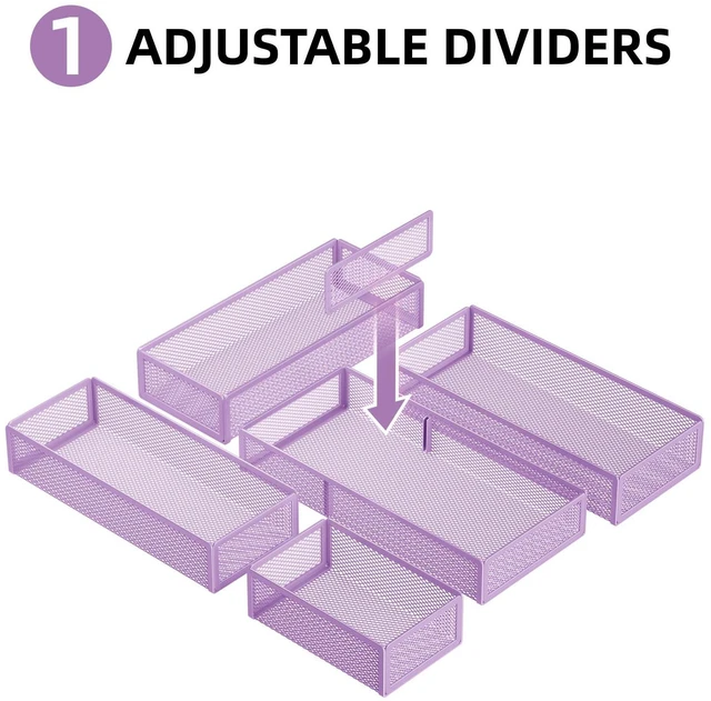 Alt view image 4 of 7 - 5 Pack Desk Drawer Organizer Set, Mesh Drawer Storage Trays with 1 Adjustable Divider, Desk Organizers and Accessories, 5 PCS Drawer for Office Supplies, Makeup & Vanity (Purple)
