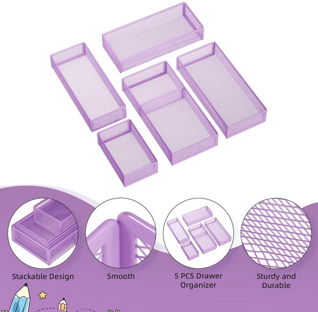 Alt view image 5 of 7 - 5 Pack Desk Drawer Organizer Set, Mesh Drawer Storage Trays with 1 Adjustable Divider, Desk Organizers and Accessories, 5 PCS Drawer for Office Supplies, Makeup & Vanity (Purple)