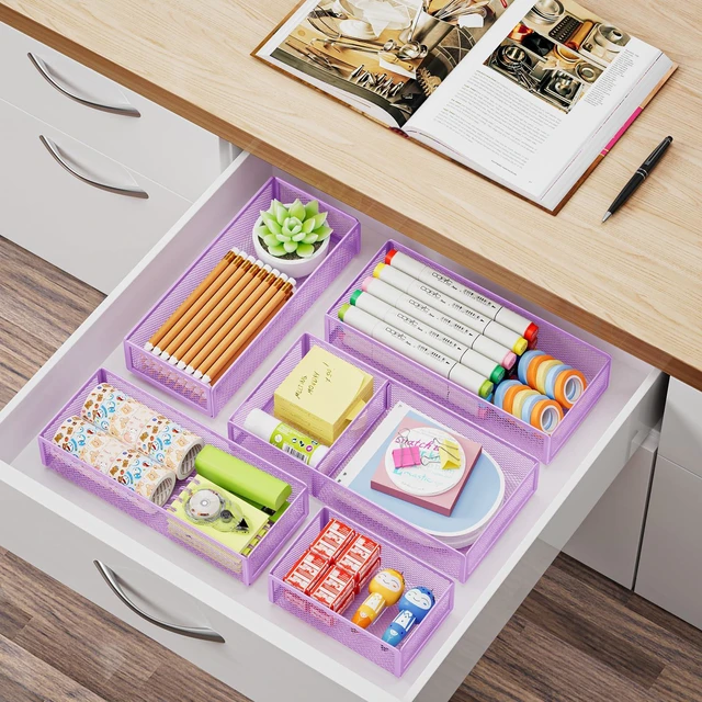 Alt view image 6 of 7 - 5 Pack Desk Drawer Organizer Set, Mesh Drawer Storage Trays with 1 Adjustable Divider, Desk Organizers and Accessories, 5 PCS Drawer for Office Supplies, Makeup & Vanity (Purple)