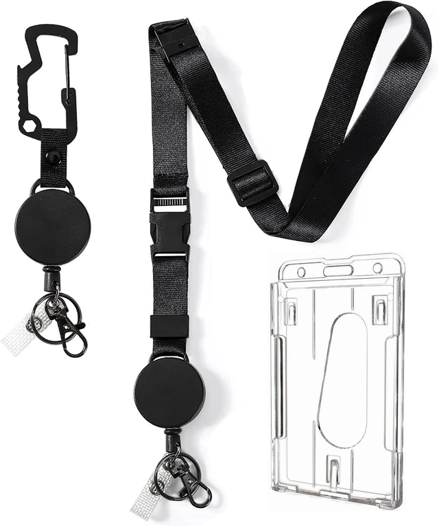 Main image of Heavy Duty Retractable Lanyard - Breakaway Lanyards for ID Badges Keys, Retractable Keychain with Upgraded Carabiner, Key Ring, and 2-Card Thumb-Slot Badge Holder, 8 oz Retraction