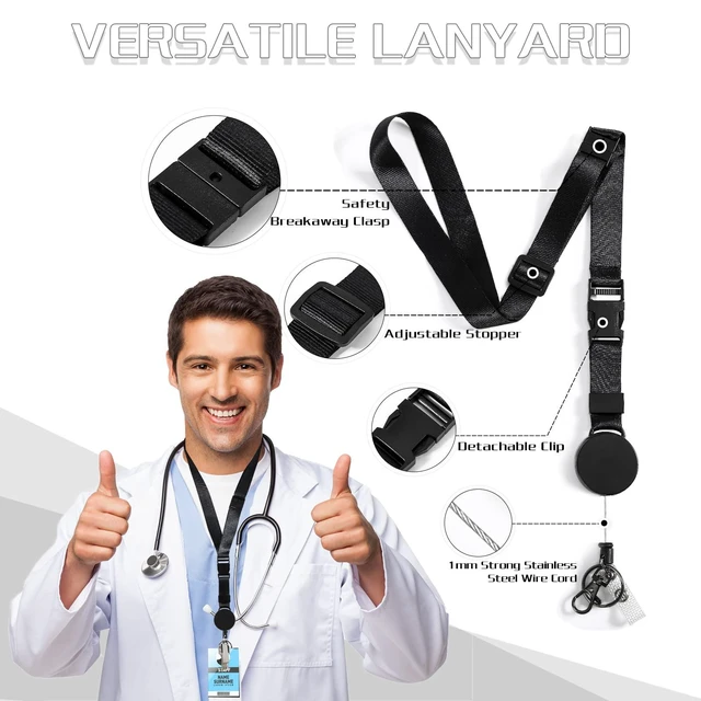 Alt view image 2 of 7 - Heavy Duty Retractable Lanyard - Breakaway Lanyards for ID Badges Keys, Retractable Keychain with Upgraded Carabiner, Key Ring, and 2-Card Thumb-Slot Badge Holder, 8 oz Retraction