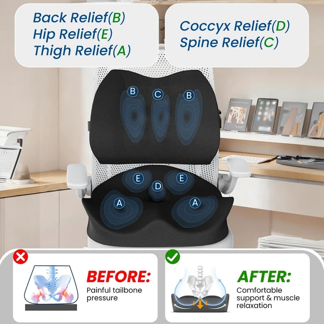 Alt view image 4 of 7 - Seat Cushion Lumbar Support Pillow for Office Chair, X Large Memory Foam Chair Cushions for Sciatica Tailbone Pain Relief Coccyx Pad for Wheelchair, Car, Home, Office, Desk