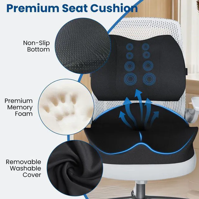 Alt view image 6 of 7 - Seat Cushion Lumbar Support Pillow for Office Chair, X Large Memory Foam Chair Cushions for Sciatica Tailbone Pain Relief Coccyx Pad for Wheelchair, Car, Home, Office, Desk