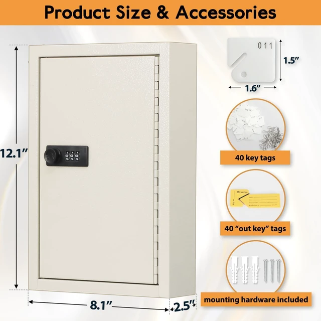 Alt view image 2 of 7 - Key Storage Lock Box with Code, Locking Key Cabinet, 40 Key Holder Wall Mount with Combination Lock, Hooks & Tags Labels for Home, Office, Business, 2.5" D x 8.1" W x 12.1" H, White