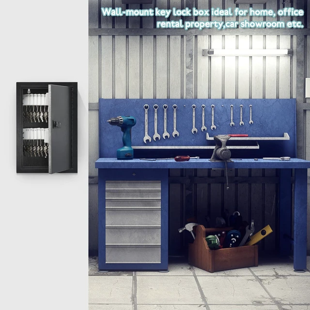 Alt view image 6 of 7 - Locking Key Cabinet, 40 Key Storage Lock Box with Code, Key Box Wall Mount with Combination Lock, Key Hooks & Tags Labels for Home, Office, Business, 2.5" D x 8" W x 12" H (Black,40 Key)