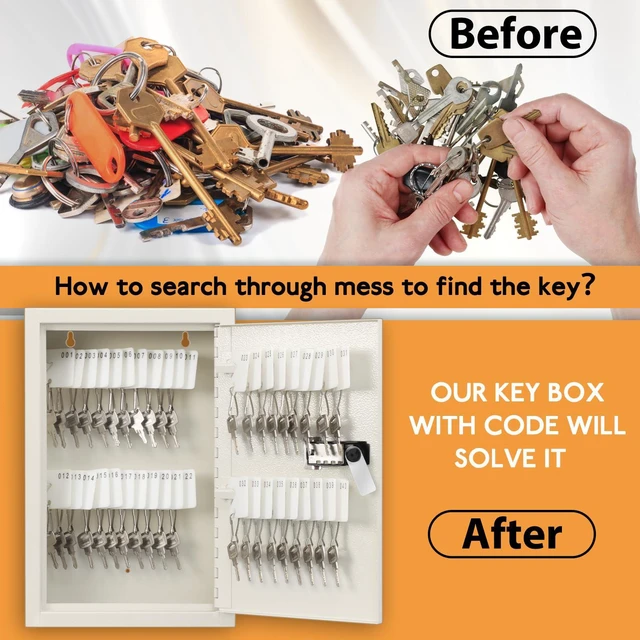 Alt view image 3 of 7 - Key Storage Lock Box with Code, Locking Key Cabinet, 40 Key Holder Wall Mount with Combination Lock, Hooks & Tags Labels for Home, Office, Business, 2.5" D x 8.1" W x 12.1" H, White