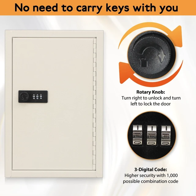 Alt view image 4 of 7 - Key Storage Lock Box with Code, Locking Key Cabinet, 40 Key Holder Wall Mount with Combination Lock, Hooks & Tags Labels for Home, Office, Business, 2.5" D x 8.1" W x 12.1" H, White