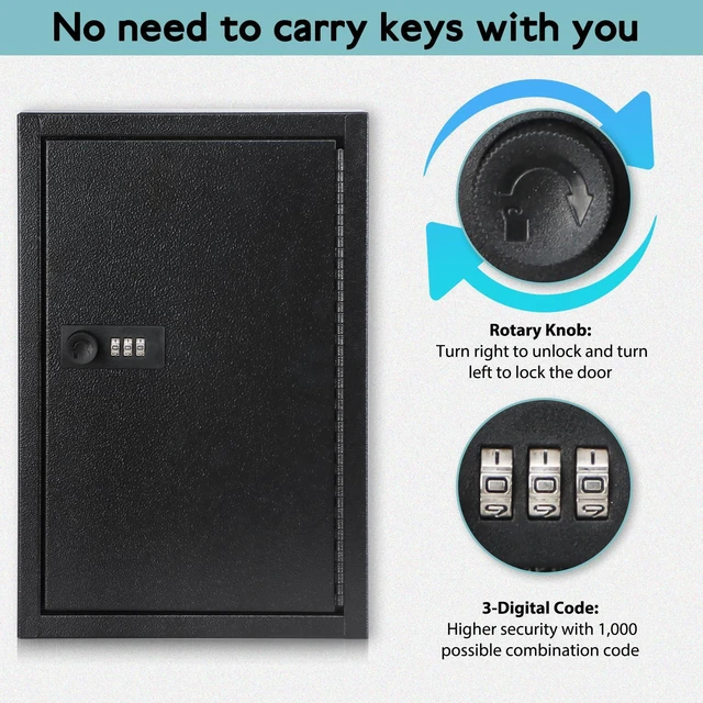 Alt view image 4 of 7 - Locking Key Cabinet, 40 Key Storage Lock Box with Code, Key Box Wall Mount with Combination Lock, Key Hooks & Tags Labels for Home, Office, Business, 2.5" D x 8" W x 12" H (Black,40 Key)