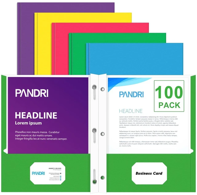 Main image of 100 Pack Two Pocket Paper Folders with Prongs, Letter Size, 5 Colors 3 Prong Folders with Pockets, Paper, 3 Hole Punched, For School, Office, Home, Business