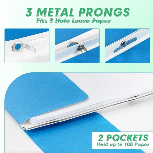 Alt view image 3 of 7 - 100 Pack Two Pocket Paper Folders with Prongs, Letter Size, 5 Colors 3 Prong Folders with Pockets, Paper, 3 Hole Punched, For School, Office, Home, Business