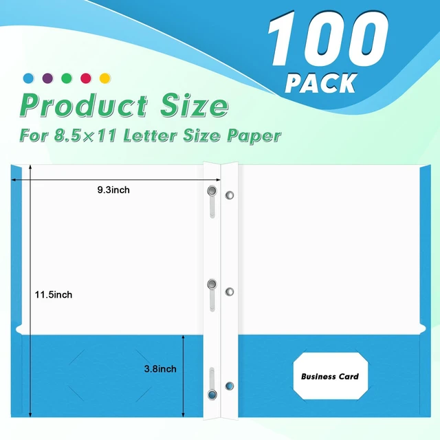 Alt view image 2 of 7 - 100 Pack Two Pocket Paper Folders with Prongs, Letter Size, 5 Colors 3 Prong Folders with Pockets, Paper, 3 Hole Punched, For School, Office, Home, Business